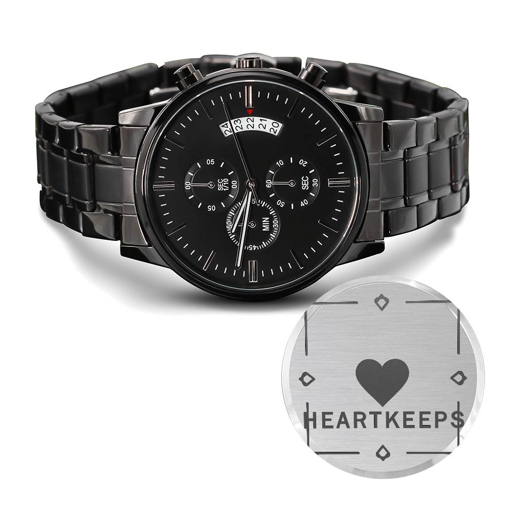 Non-Message Card Black Chronograph Watch with Engraving