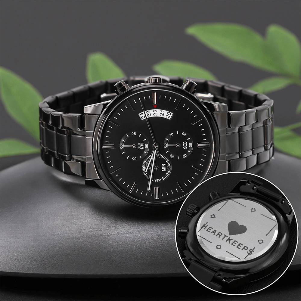 Non-Message Card Black Chronograph Watch with Engraving