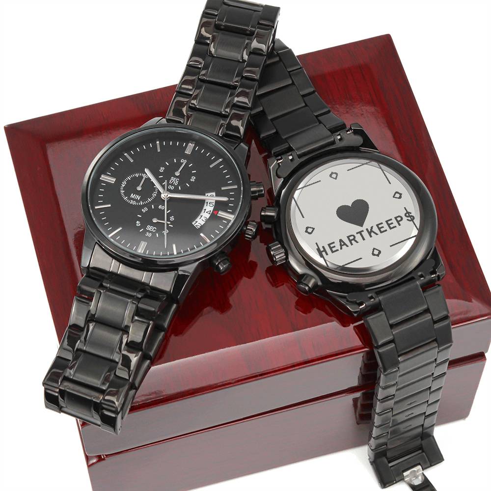 Non-Message Card Black Chronograph Watch with Engraving