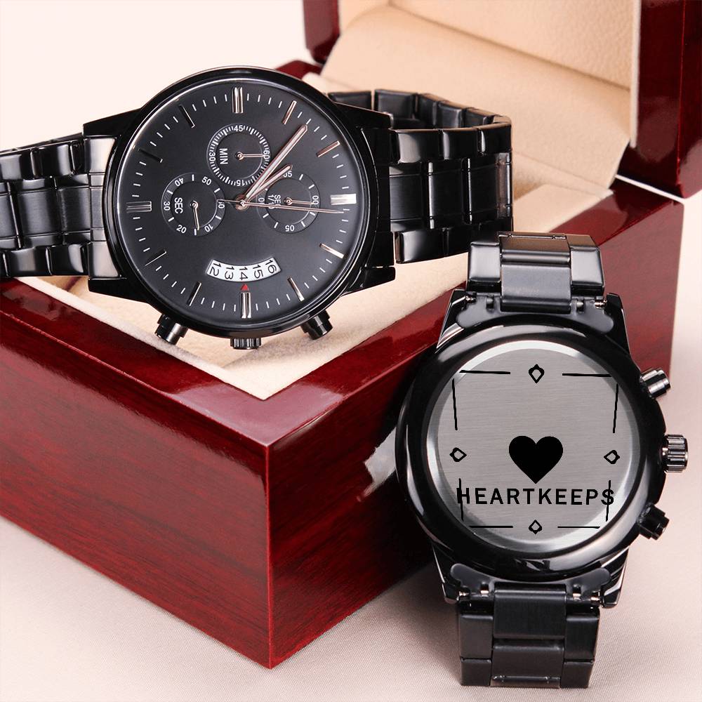 Non-Message Card Black Chronograph Watch with Engraving