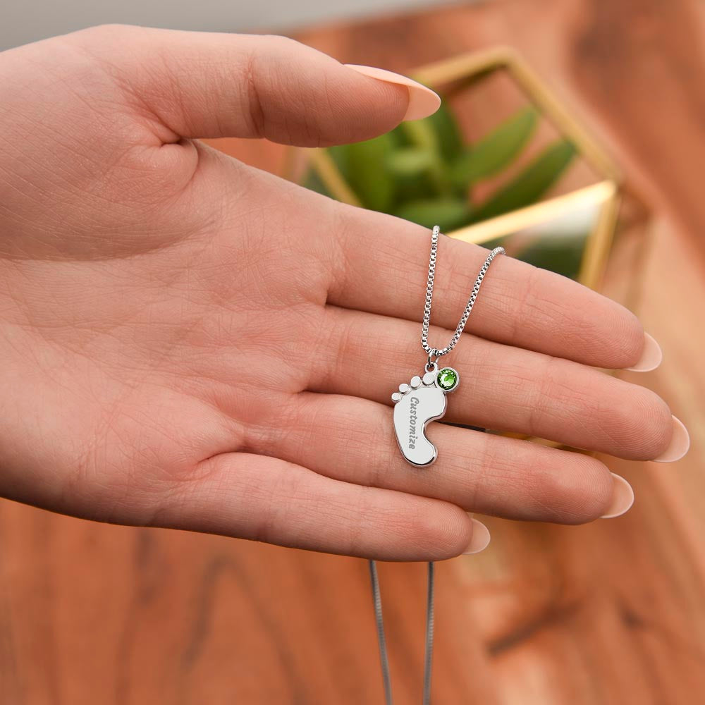 Baby Feet Necklace with Birthstone - Engraved