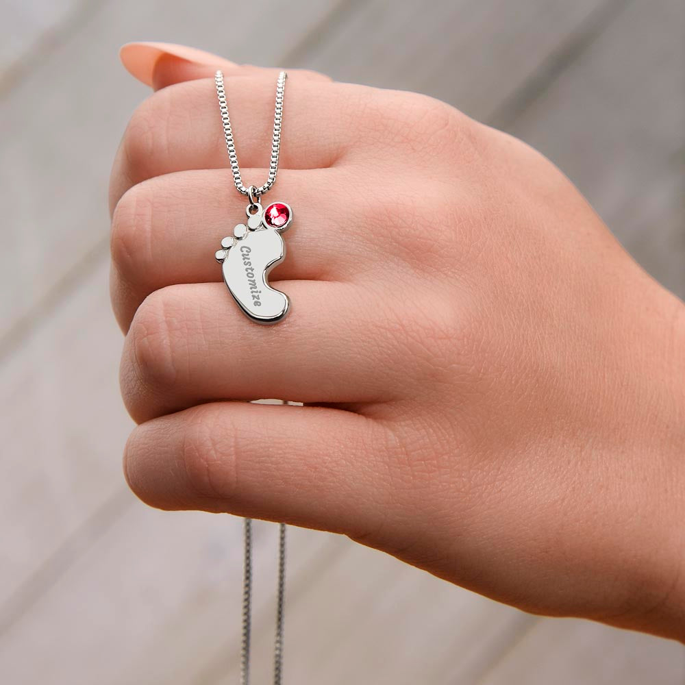 Baby Feet Necklace with Birthstone - Engraved