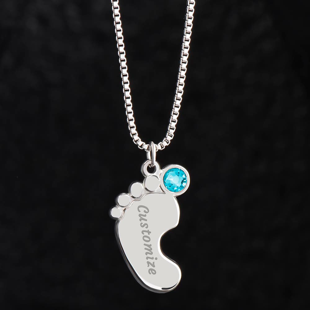 Baby Feet Necklace with Birthstone - Engraved