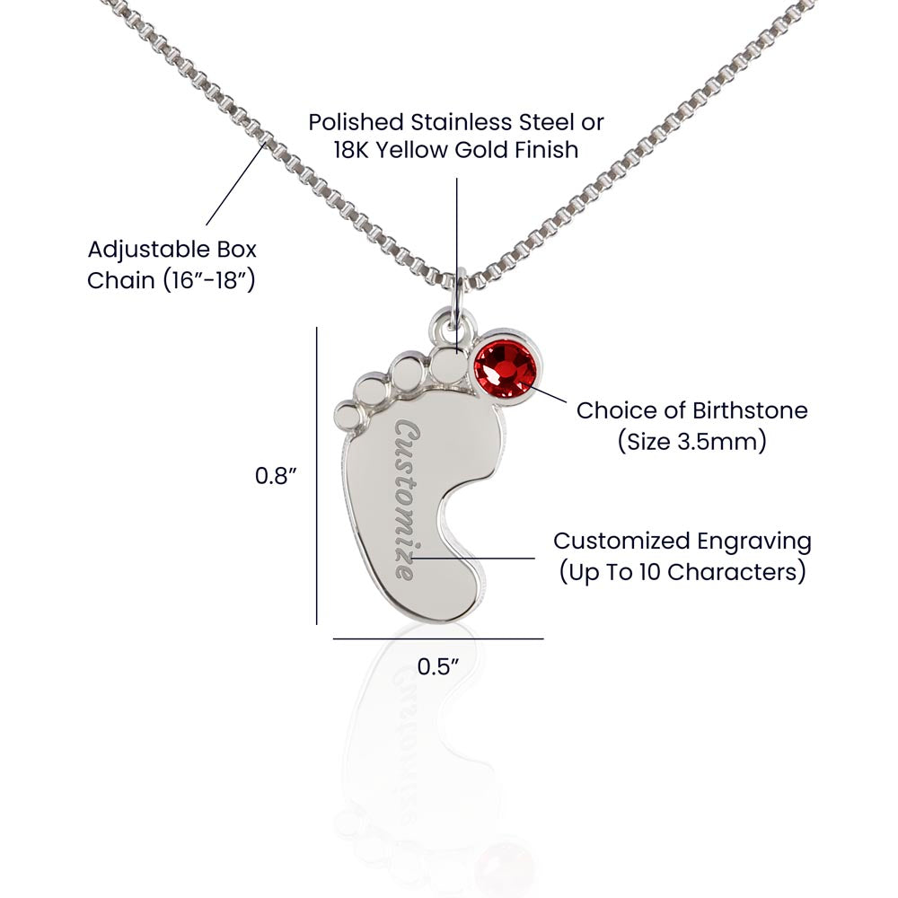 Baby Feet Necklace with Birthstone - Engraved