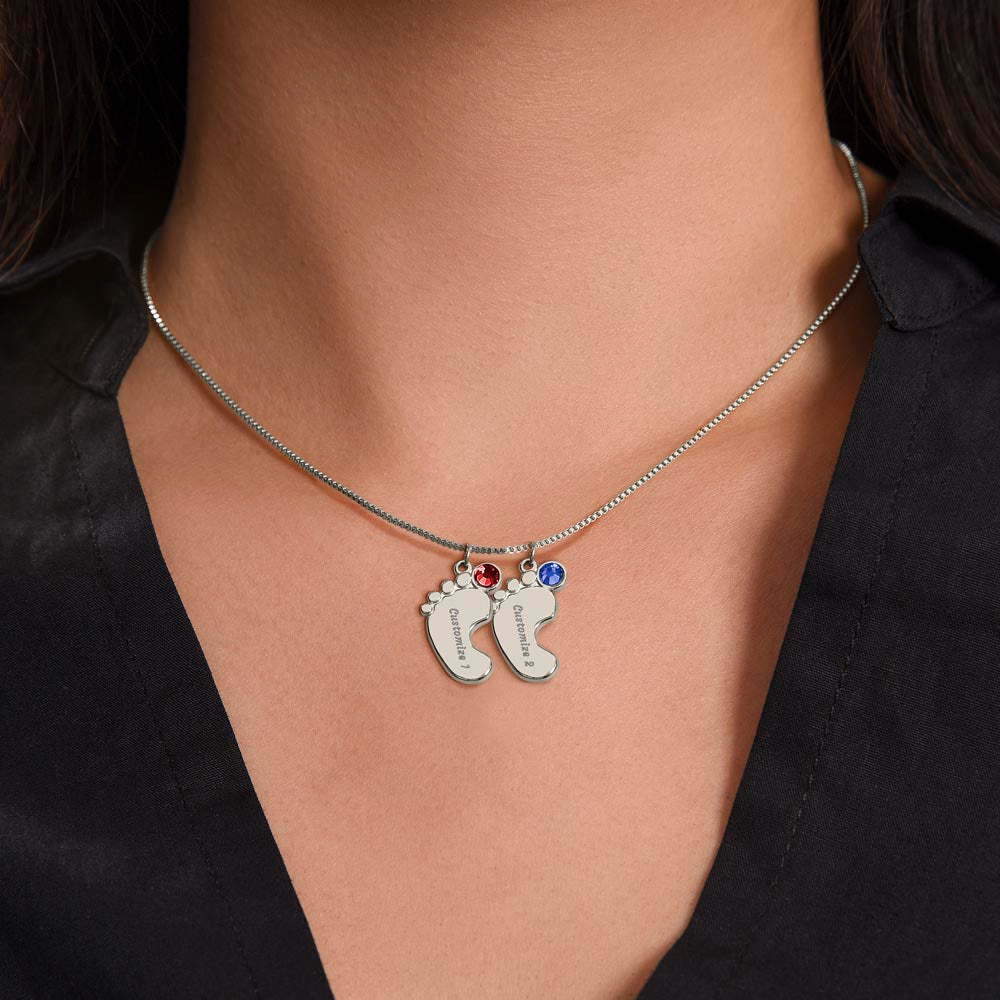 Baby Feet Necklace with Birthstone - Engraved