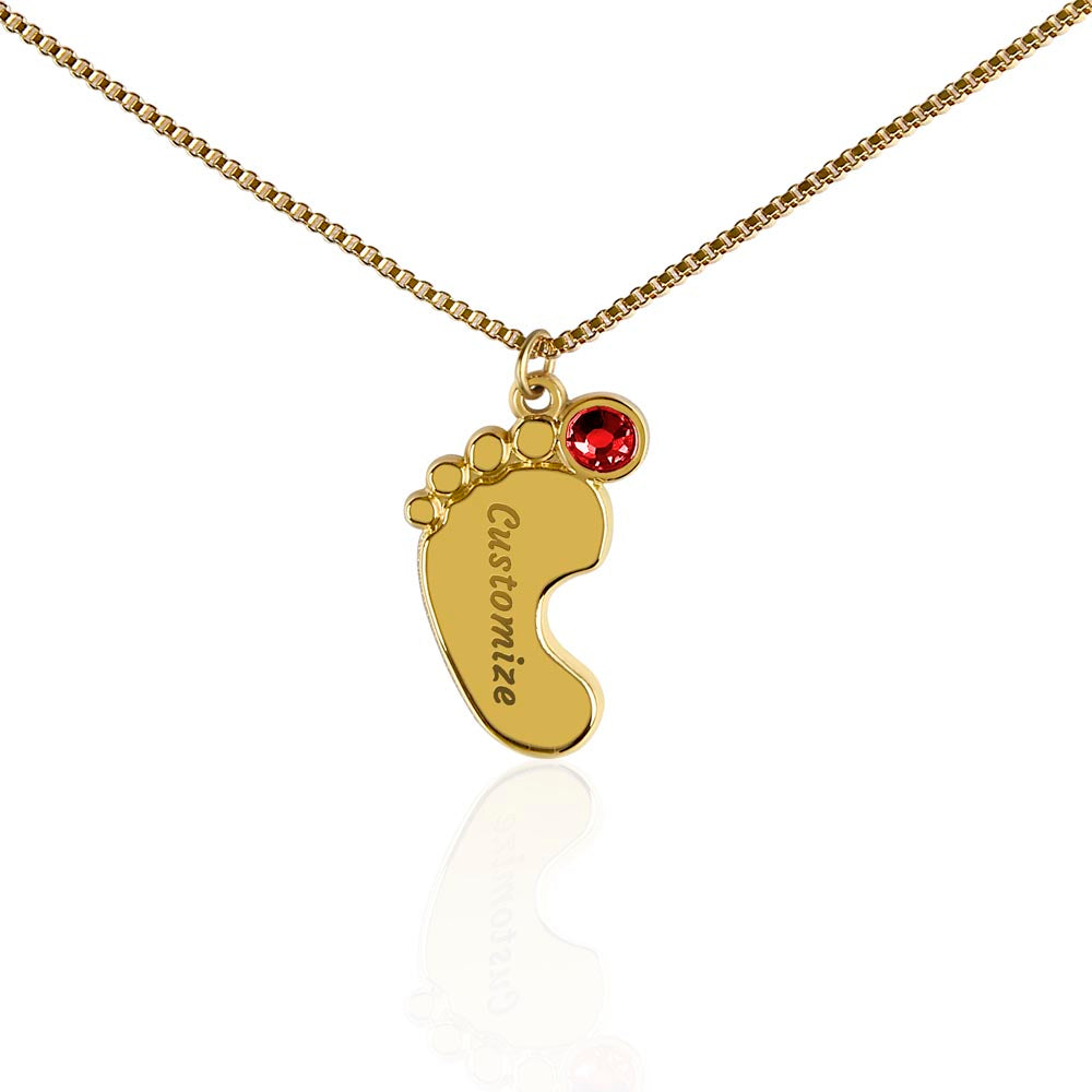Baby Feet Necklace with Birthstone - Engraved