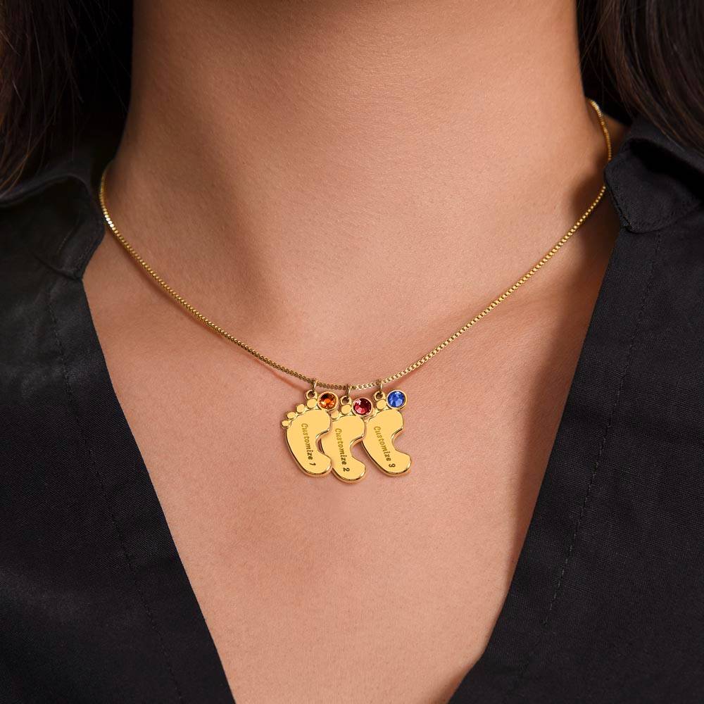 Baby Feet Necklace with Birthstone - Engraved  - BEST SELLER